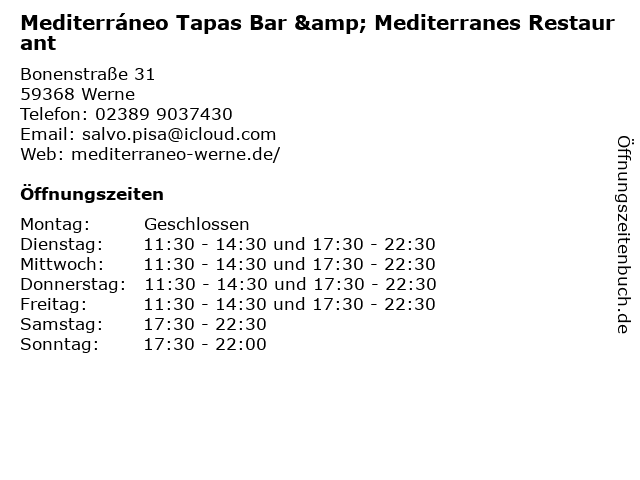Mediterráneo Tapas Bar & Mediterranes Restaurant in Werne: Adresse und Öffnungszeiten