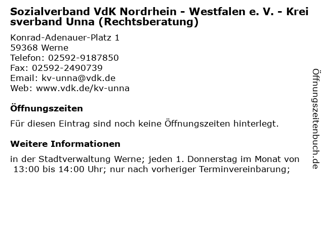 Sozialverband VdK Nordrhein - Westfalen e. V. - Kreisverband Unna (Rechtsberatung) in Werne: Adresse und Öffnungszeiten