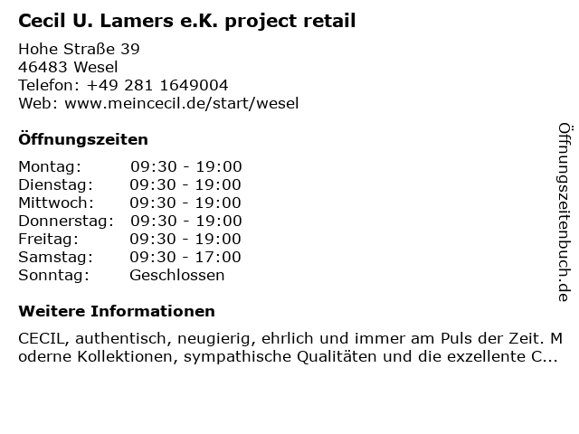 Cecil U. Lamers e.K. project retail in Wesel: Adresse und Öffnungszeiten