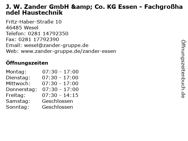 J. W. Zander GmbH & Co. KG Essen - Fachgroßhandel Haustechnik in Wesel: Adresse und Öffnungszeiten