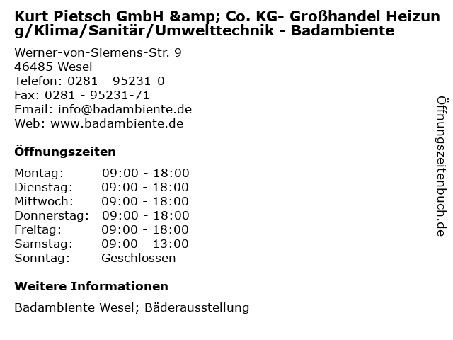 Kurt Pietsch GmbH & Co. KG- Großhandel Heizung/Klima/Sanitär/Umwelttechnik - Badambiente in Wesel: Adresse und Öffnungszeiten