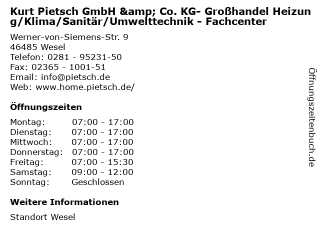 Kurt Pietsch GmbH & Co. KG- Großhandel Heizung/Klima/Sanitär/Umwelttechnik - Fachcenter in Wesel: Adresse und Öffnungszeiten