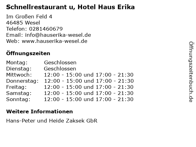 ᐅ Offnungszeiten Schnellrestaurant Haus Erika Im Grossen Feld