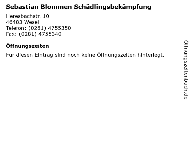 Sebastian Blommen Schädlingsbekämpfung in Wesel: Adresse und Öffnungszeiten