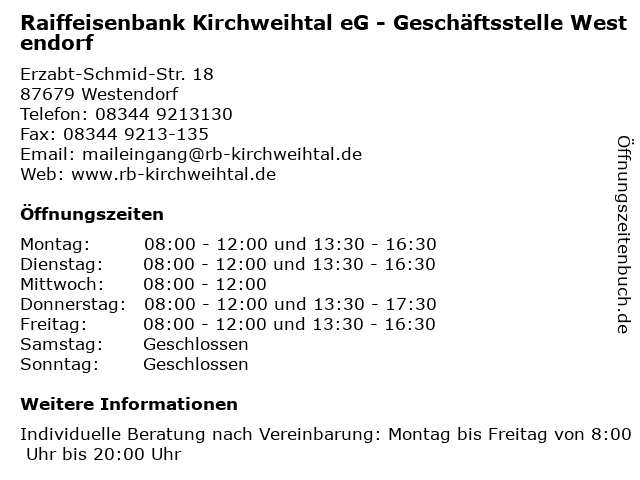 Raiffeisenbank Kirchweihtal eG - Geschäftsstelle Westendorf in Westendorf: Adresse und Öffnungszeiten