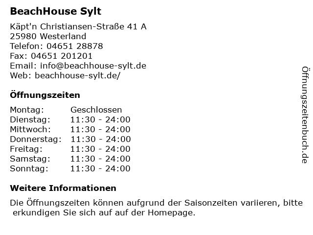 BeachHouse Sylt in Westerland: Adresse und Öffnungszeiten