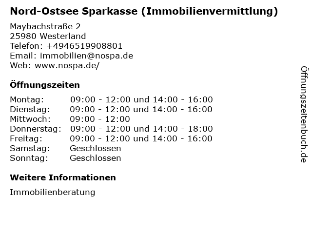 ᐅ Offnungszeiten Nord Ostsee Sparkasse Regionaldirektion Sylt Westerland Maybachstrasse 2 In Westerland