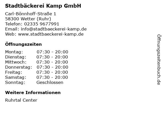 Stadtbäckerei Kamp GmbH in Wetter (Ruhr): Adresse und Öffnungszeiten