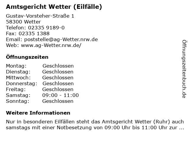 Amtsgericht Wetter (Eilfälle) in Wetter: Adresse und Öffnungszeiten