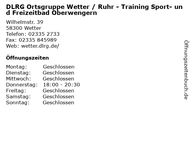 DLRG Ortsgruppe Wetter / Ruhr - Training Sport- und Freizeitbad Oberwengern in Wetter: Adresse und Öffnungszeiten