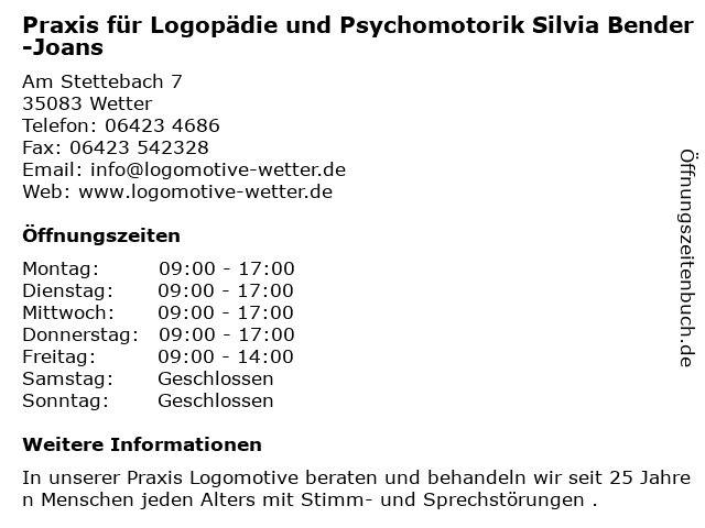 Praxis für Logopädie und Psychomotorik Silvia Bender-Joans in Wetter: Adresse und Öffnungszeiten