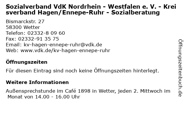 Sozialverband VdK Nordrhein - Westfalen e. V. - Kreisverband Hagen/Ennepe-Ruhr - Sozialberatung in Wetter: Adresse und Öffnungszeiten