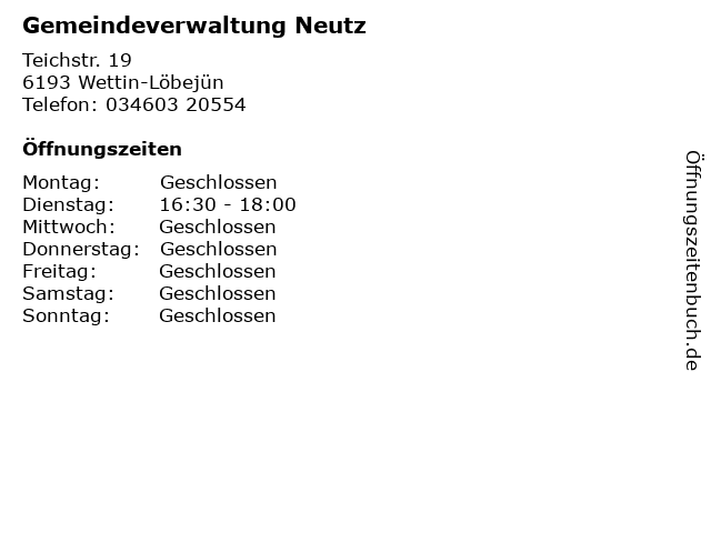 Gemeindeverwaltung Neutz in Wettin-Löbejün: Adresse und Öffnungszeiten