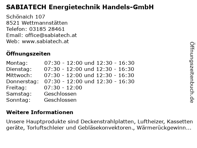 SABIATECH Energietechnik Handels-GmbH in Wettmannstätten: Adresse und Öffnungszeiten
