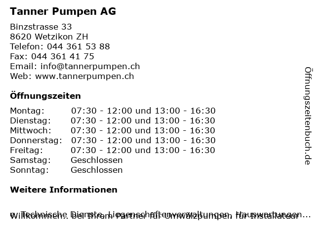 Tanner Pumpen AG in Wetzikon ZH: Adresse und Öffnungszeiten