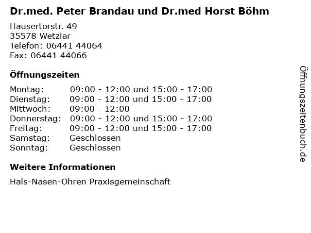 Dr.med. Peter Brandau und Dr.med Horst Böhm in Wetzlar: Adresse und Öffnungszeiten