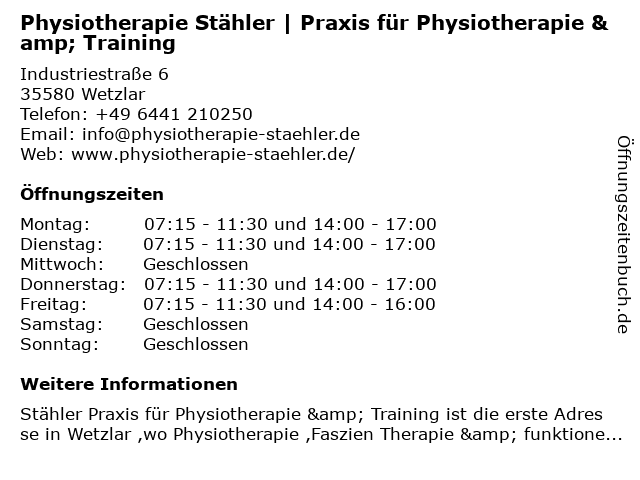 Physiotherapie Stähler | Praxis für Physiotherapie & Training in Wetzlar: Adresse und Öffnungszeiten