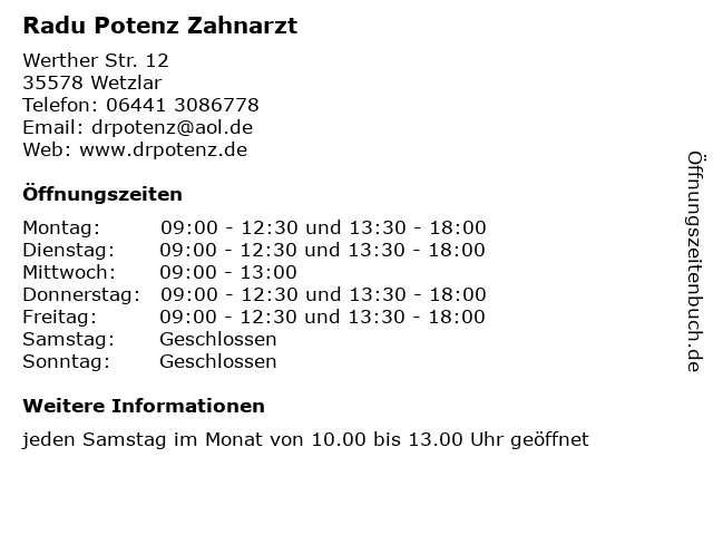 Radu Potenz Zahnarzt in Wetzlar: Adresse und Öffnungszeiten