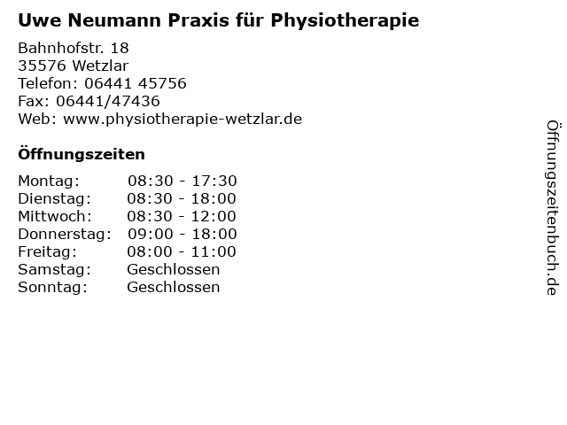 Uwe Neumann Praxis für Physiotherapie in Wetzlar: Adresse und Öffnungszeiten