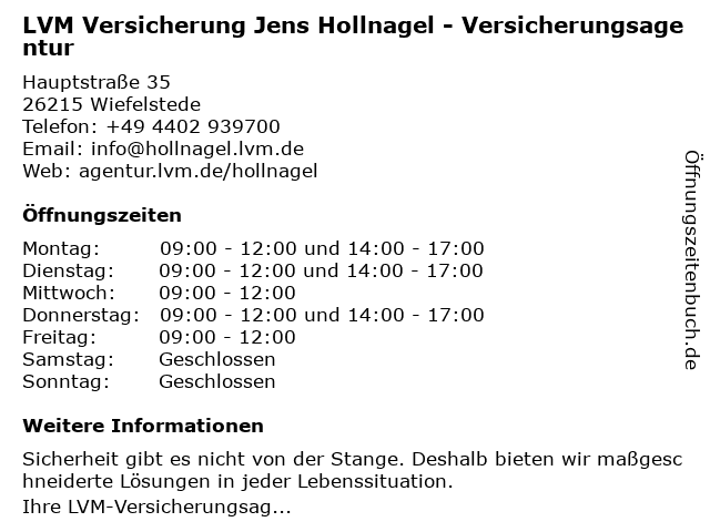 LVM Versicherung Jens Hollnagel - Versicherungsagentur in Wiefelstede: Adresse und Öffnungszeiten
