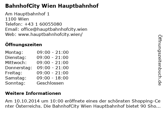 BahnhofCity Wien Hauptbahnhof in Wien: Adresse und Öffnungszeiten