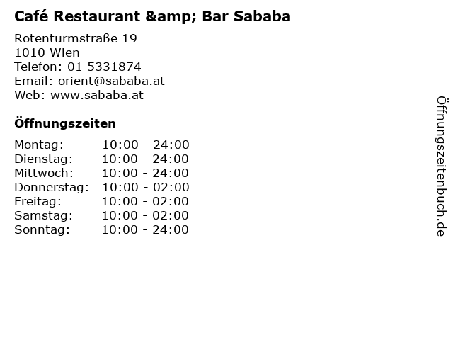 Café Restaurant & Bar Sababa in Wien: Adresse und Öffnungszeiten