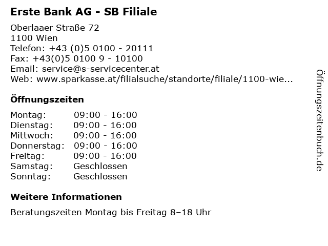 ᐅ Offnungszeiten Erste Bank Ag Filiale Oberlaa Oberlaaer