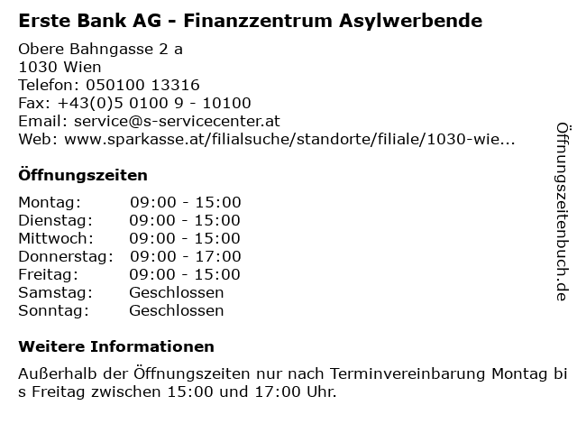 ᐅ Offnungszeiten Erste Bank Ag Kompetenzcenter Asylwerber