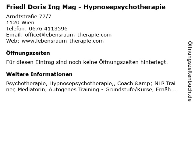 Friedl Doris Ing Mag - Hypnosepsychotherapie in Wien: Adresse und Öffnungszeiten