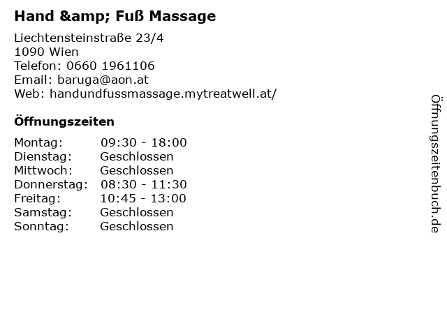 Hand & Fuß Massage in Wien: Adresse und Öffnungszeiten