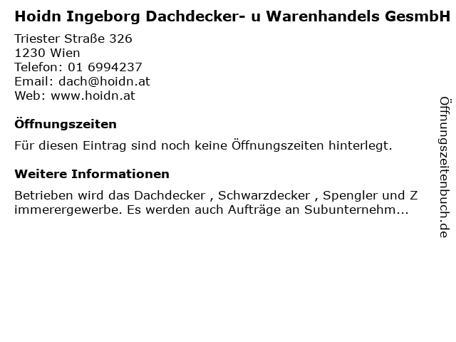 Hoidn Ingeborg Dachdecker- u Warenhandels GesmbH in Wien: Adresse und Öffnungszeiten