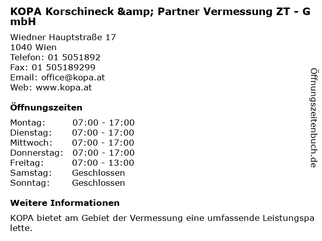 KOPA Korschineck & Partner Vermessung ZT - GmbH in Wien: Adresse und Öffnungszeiten