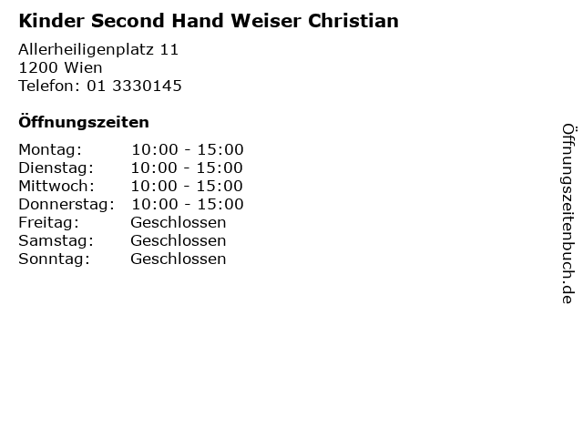 Kinder Second Hand Weiser Christian in Wien: Adresse und Öffnungszeiten