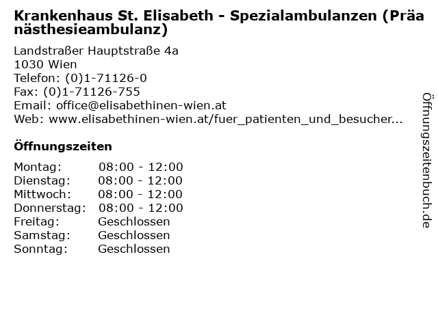 Krankenhaus St. Elisabeth - Spezialambulanzen (Präanästhesieambulanz) in Wien: Adresse und Öffnungszeiten