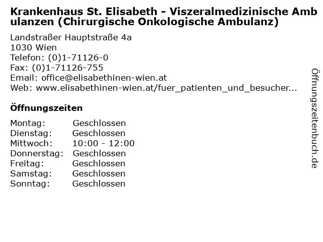 Krankenhaus St. Elisabeth - Viszeralmedizinische Ambulanzen (Chirurgische Onkologische Ambulanz) in Wien: Adresse und Öffnungszeiten