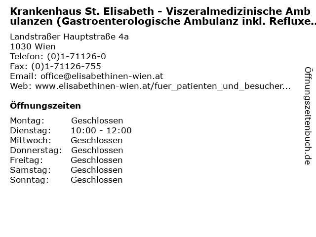 Krankenhaus St. Elisabeth - Viszeralmedizinische Ambulanzen (Gastroenterologische Ambulanz inkl. Refluxerkrankungen) in Wien: Adresse und Öffnungszeiten