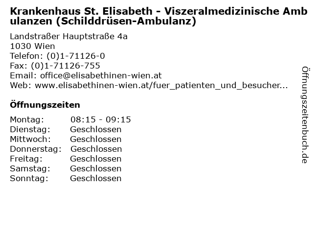 Krankenhaus St. Elisabeth - Viszeralmedizinische Ambulanzen (Schilddrüsen-Ambulanz) in Wien: Adresse und Öffnungszeiten