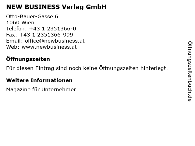 NEW BUSINESS Verlag GmbH in Wien: Adresse und Öffnungszeiten
