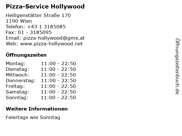 Pizza-Service Hollywood in Wien: Adresse und Öffnungszeiten