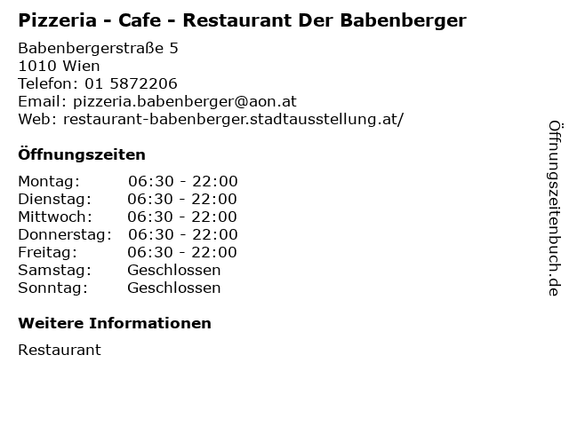 Pizzeria - Cafe - Restaurant Der Babenberger in Wien: Adresse und Öffnungszeiten