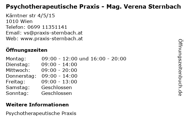 Psychotherapeutische Praxis - Mag. Verena Sternbach in Wien: Adresse und Öffnungszeiten