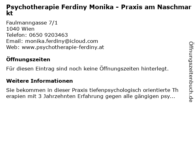 Psychotherapie Ferdiny Monika - Praxis am Naschmarkt in Wien: Adresse und Öffnungszeiten