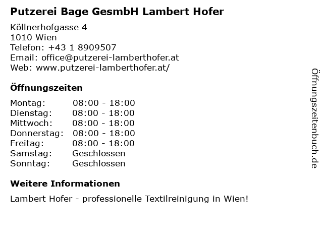 Putzerei Bage GesmbH Lambert Hofer in Wien: Adresse und Öffnungszeiten