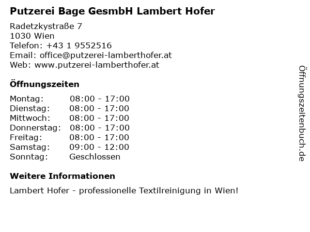 Putzerei Bage GesmbH Lambert Hofer in Wien: Adresse und Öffnungszeiten