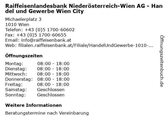 Raiffeisenlandesbank Niederösterreich-Wien AG - Handel und Gewerbe Wien City in Wien: Adresse und Öffnungszeiten