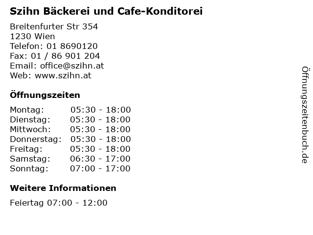 Szihn Bäckerei und Cafe-Konditorei in Wien: Adresse und Öffnungszeiten