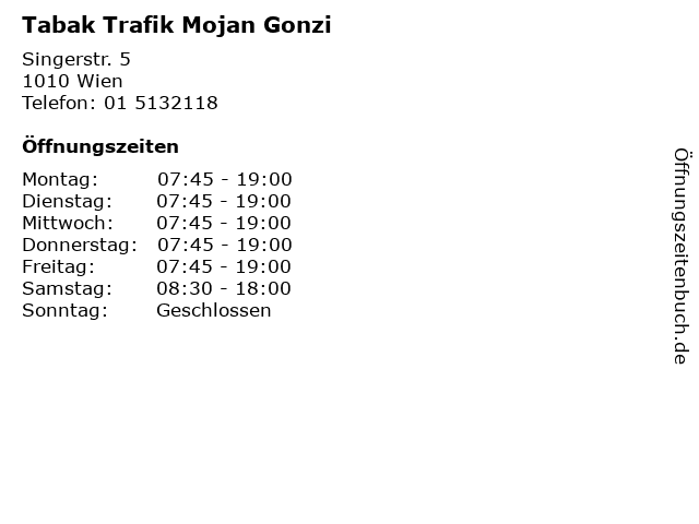 Tabak Trafik Mojan Gonzi in Wien: Adresse und Öffnungszeiten