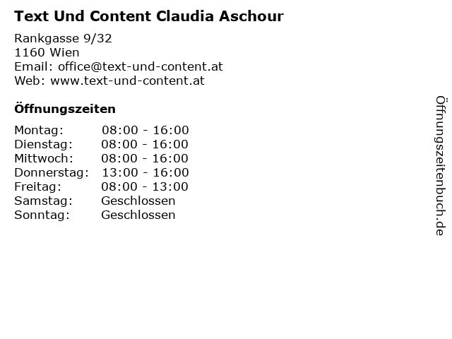 Text Und Content Claudia Aschour in Wien: Adresse und Öffnungszeiten