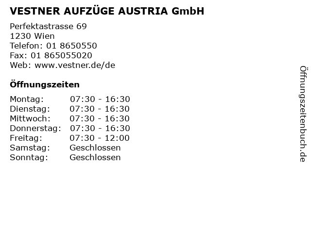 VESTNER AUFZÜGE AUSTRIA GmbH in Wien: Adresse und Öffnungszeiten