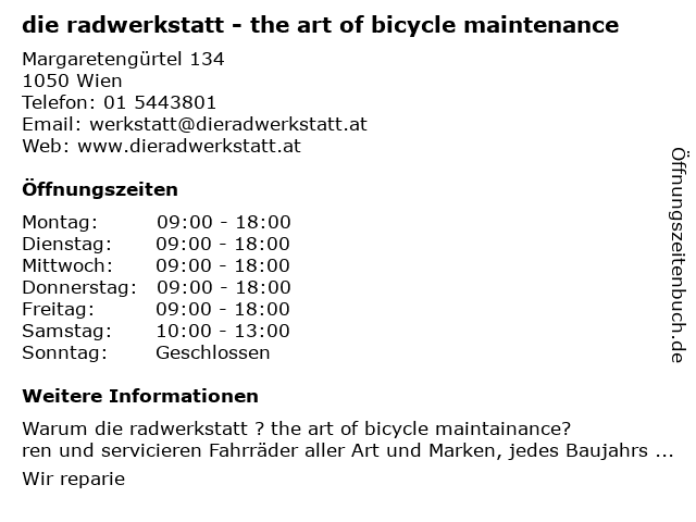 die radwerkstatt - the art of bicycle maintenance in Wien: Adresse und Öffnungszeiten